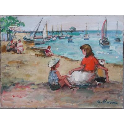 Bela Adalbert Rona "bathers On The Beach" Oil On Canvas 50x61